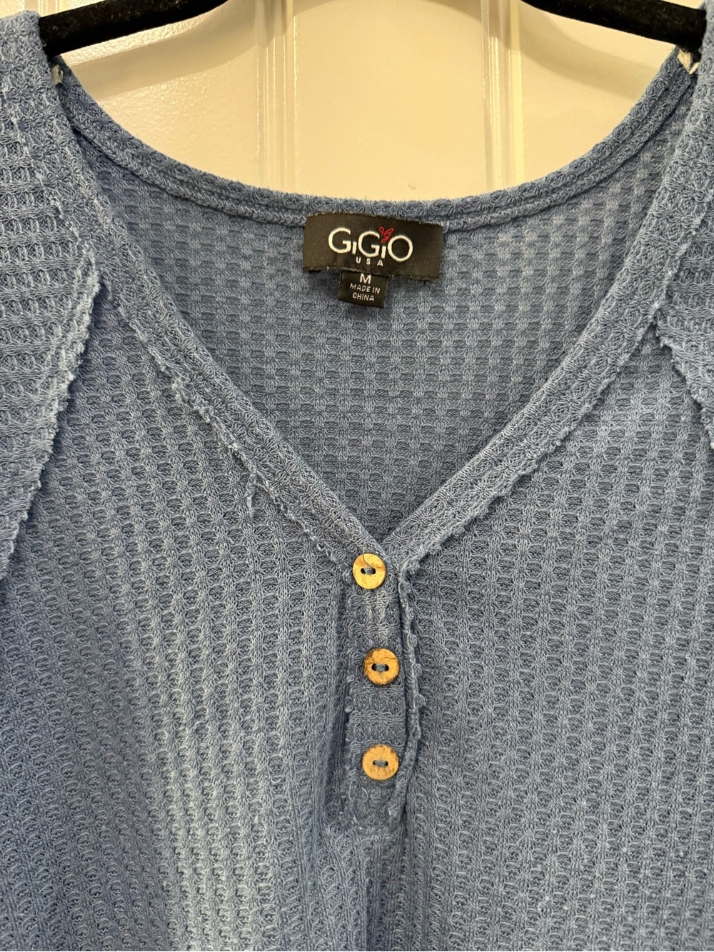 GiGio Blue Waffle-Knit Long-Sleeve Henley Top with back detail - Picture 2 of 3